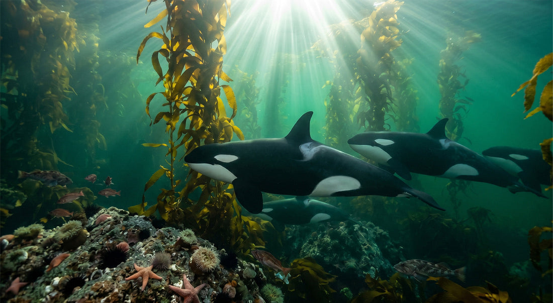 Underwater kelp forest by Zoobotanic, featuring majestic black-and-white orca whales swimming beneath brilliant sunbeams.