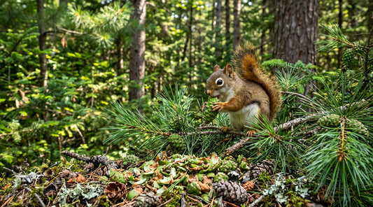 Summer pine forest by Zoobotanic, featuring a native red squirrel harvesting green cones above an organic seedbed.