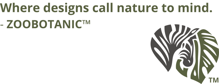 Zoobotanic™ brand footer featuring the signature Zebra-Monstera leaf icon and the official tagline: "Where designs call nature to mind.