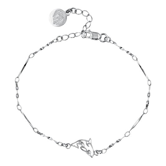 A full view of the Zoobotanic Orca Whale Z04-B white gold-toned chain bracelet. Where designs call nature to mind, it features a stylized, cut-out orca whale charm integrated into an intricate, wavy link chain.
