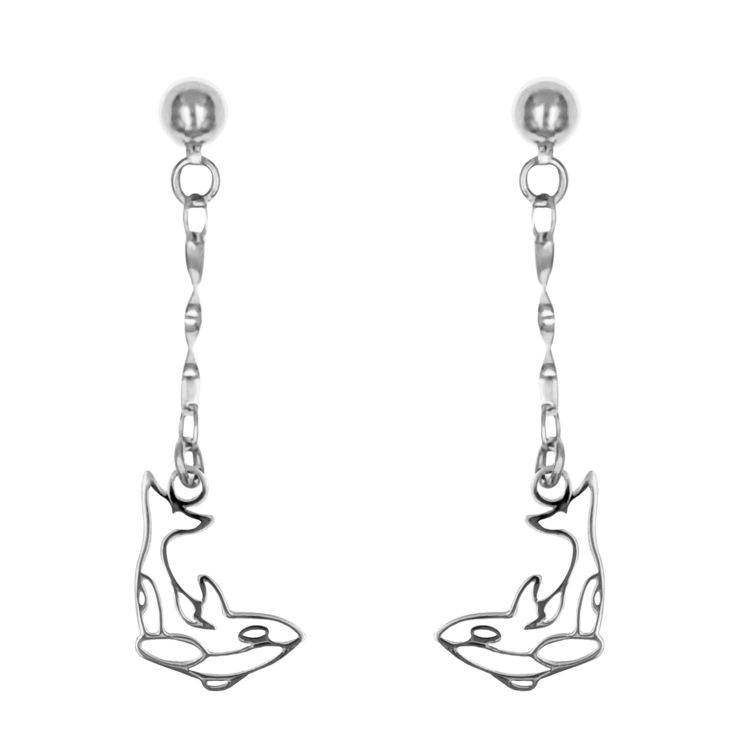 A full view of the Zoobotanic Orca Whale Z04-C white gold-toned drop earrings. Where designs call nature to mind, it features stylized, cut-out orca whale charms integrated into intricate, wavy link chains suspended from stud posts.