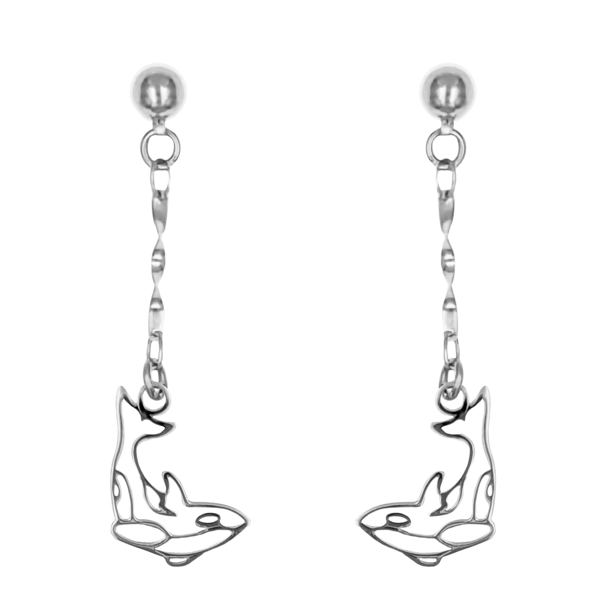 A full view of the Zoobotanic Orca Whale Z04-C white gold-toned drop earrings. Where designs call nature to mind, it features stylized, cut-out orca whale charms integrated into intricate, wavy link chains suspended from stud posts.