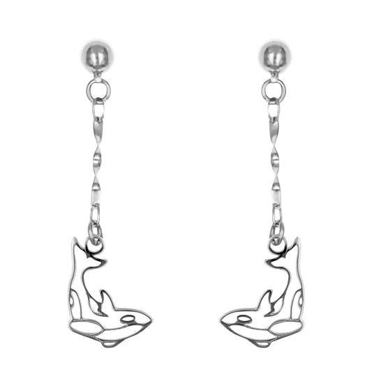 A full view of the Zoobotanic Orca Whale Z04-C white gold-toned drop earrings. Where designs call nature to mind, it features stylized, cut-out orca whale charms integrated into intricate, wavy link chains suspended from stud posts.