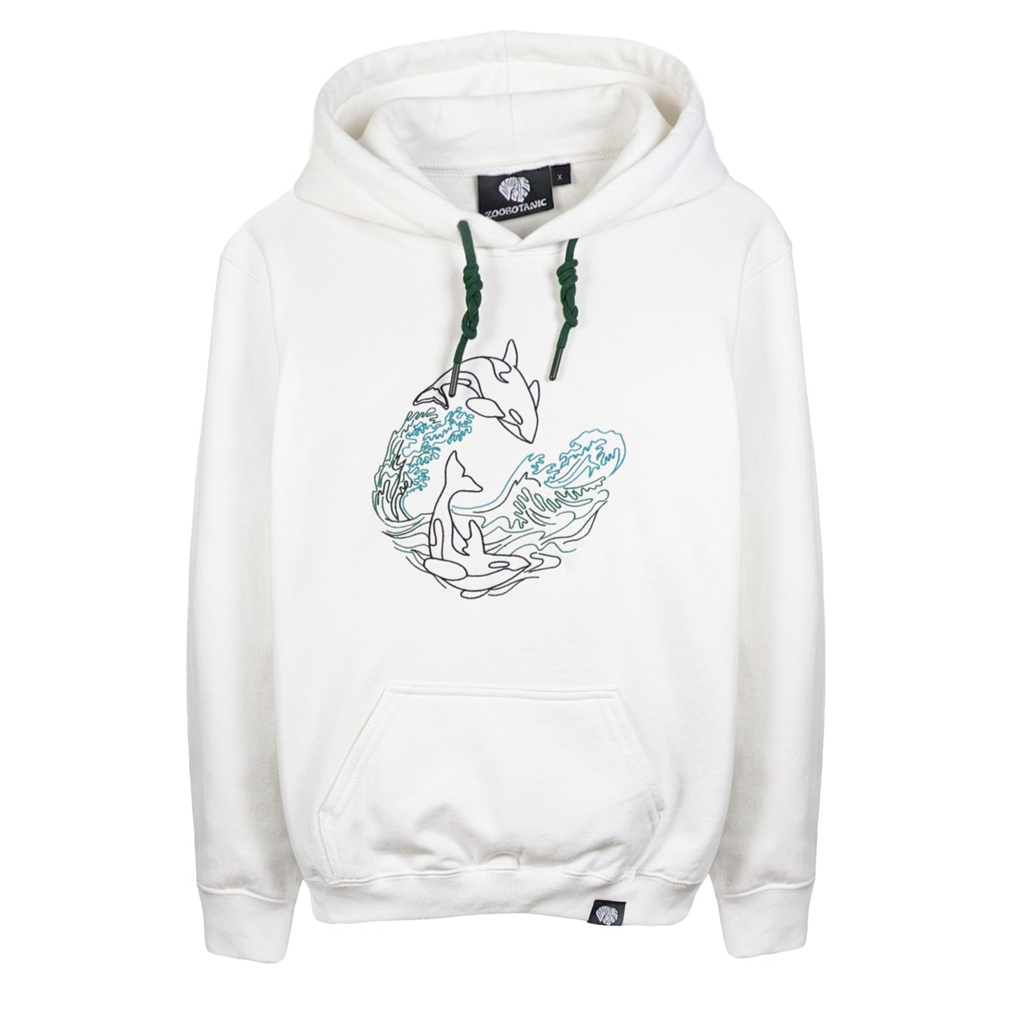 Front view of a white Zoobotanic Unisex Orca Whale Z01 heavyweight fleece hoodie. Where designs call nature to mind, it features an intricate line-art embroidery of an orca whale leaping through cresting ocean waves.
