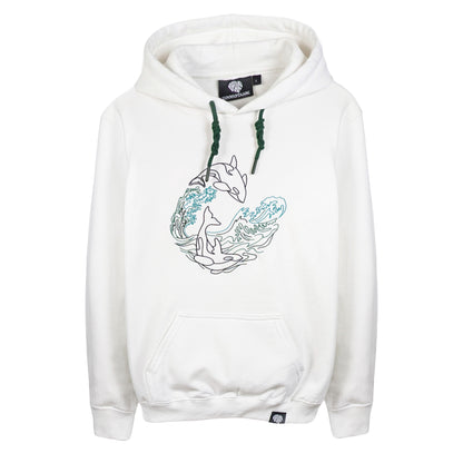 Front view of a white Zoobotanic Unisex Orca Whale Z01 heavyweight fleece hoodie. Where designs call nature to mind, it features an intricate line-art embroidery of an orca whale leaping through cresting ocean waves.