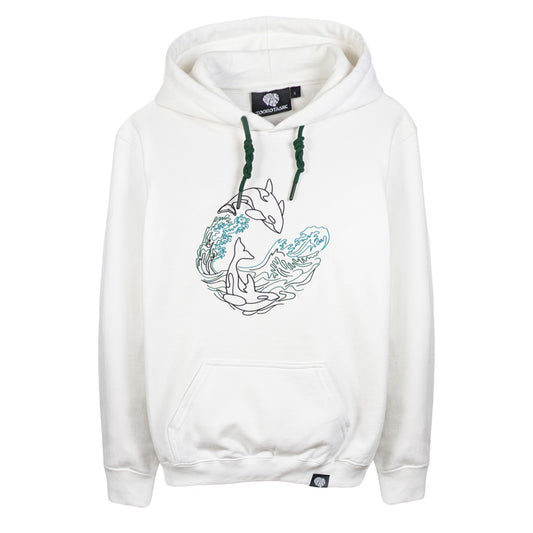 Front view of a white Zoobotanic Unisex Orca Whale Z01 heavyweight fleece hoodie. Where designs call nature to mind, it features an intricate line-art embroidery of an orca whale leaping through cresting ocean waves.