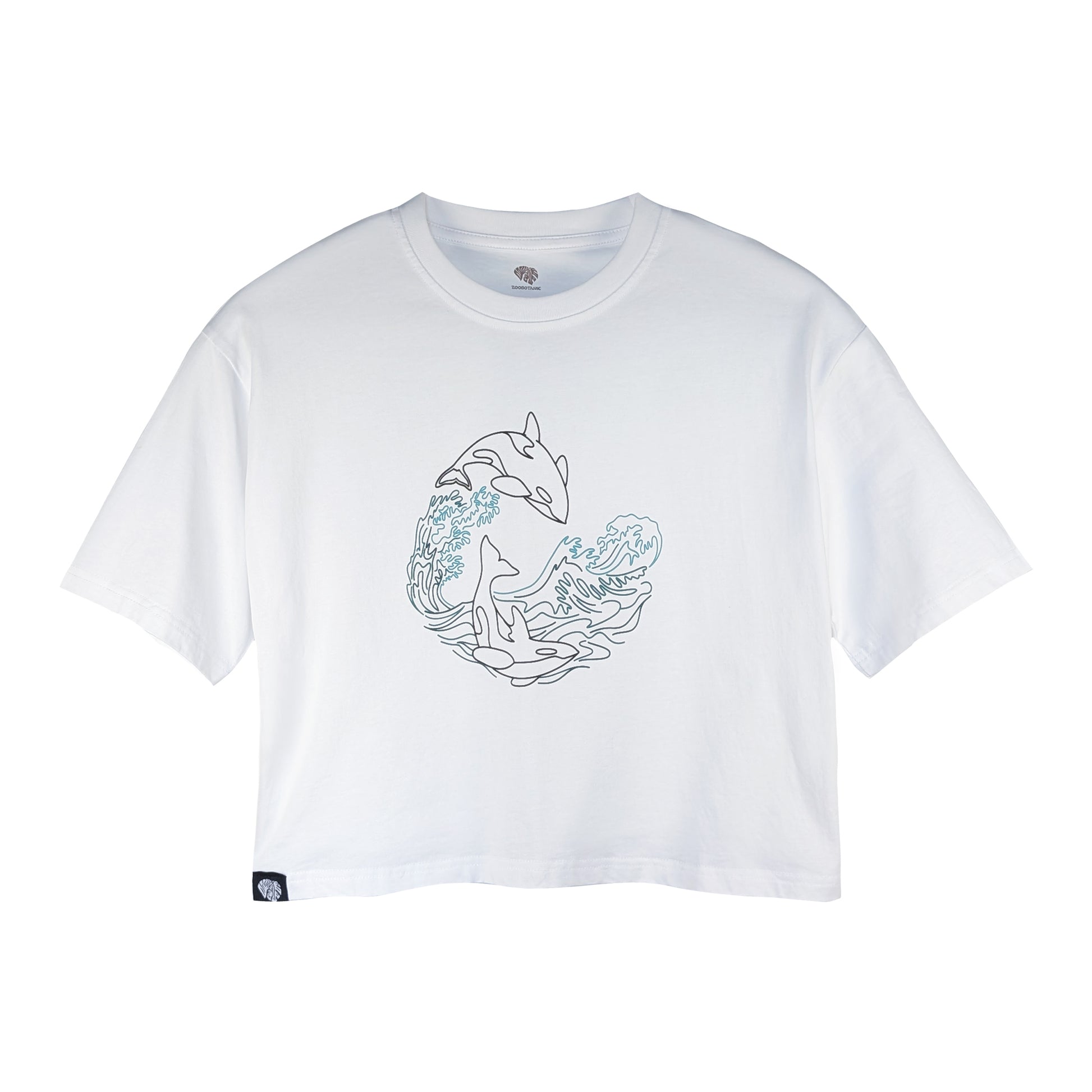 Front view of a white Zoobotanic Women's Orca Whale Z08 short-sleeved cropped t-shirt. Where designs call nature to mind, it features a relaxed cut. A line-art rubber print depicts an orca whale leaping through cresting ocean waves.