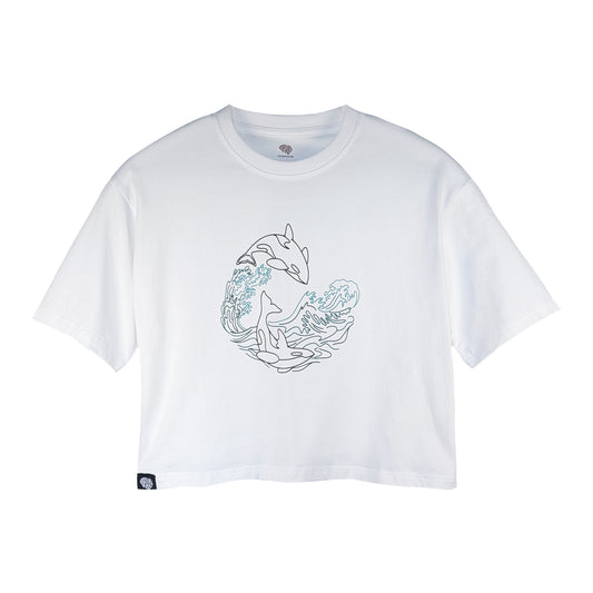 Front view of a white Zoobotanic Women's Orca Whale Z08 short-sleeved cropped t-shirt. Where designs call nature to mind, it features a relaxed cut. A line-art rubber print depicts an orca whale leaping through cresting ocean waves.