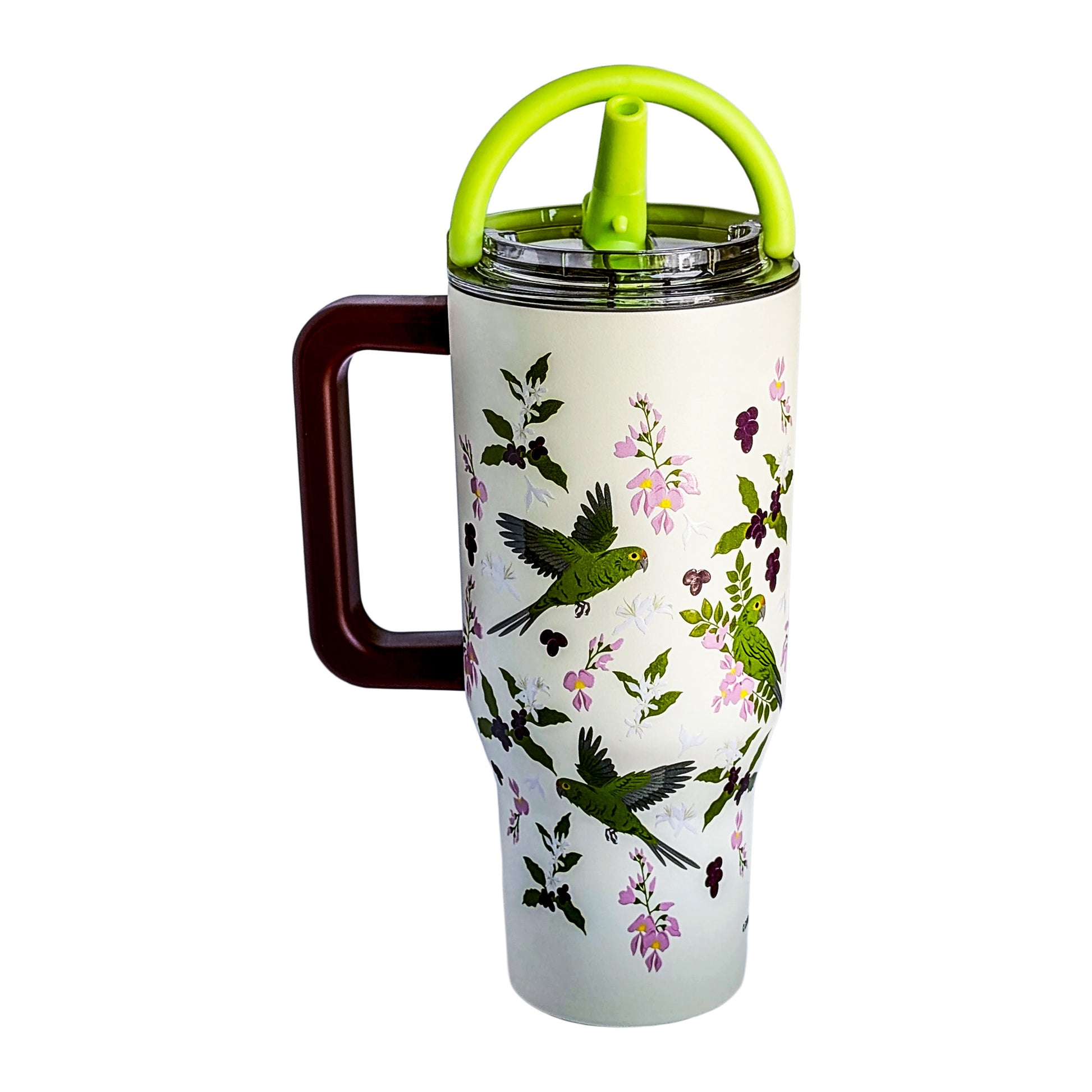 Front view of a cream Zoobotanic Parakeet Parrot Z09 insulated travel mug. Where designs call nature to mind, it features a printed birds and floral pattern. Green parakeet parrots are depicted among pink lilac flowers and coffee plants.